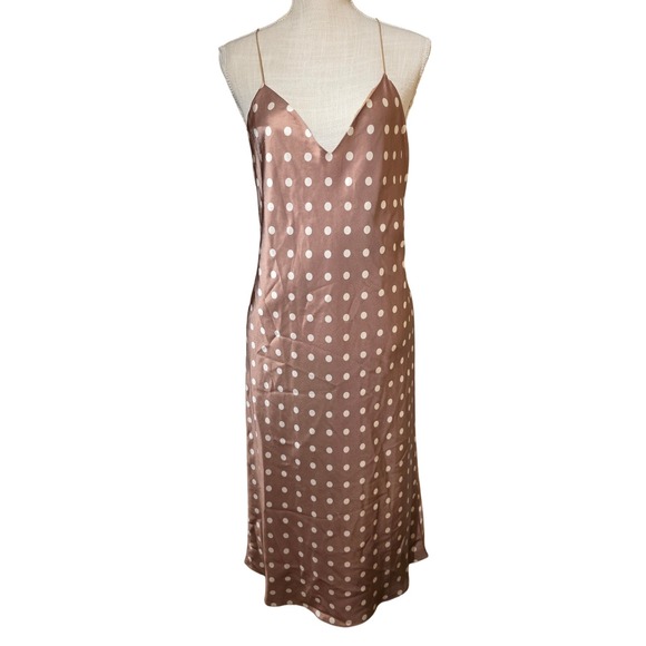 CAMI NYC Polka Dot Slip Myla Midi Dress Tan White XS Spaghetti Straps Tie Back - Picture 3 of 6